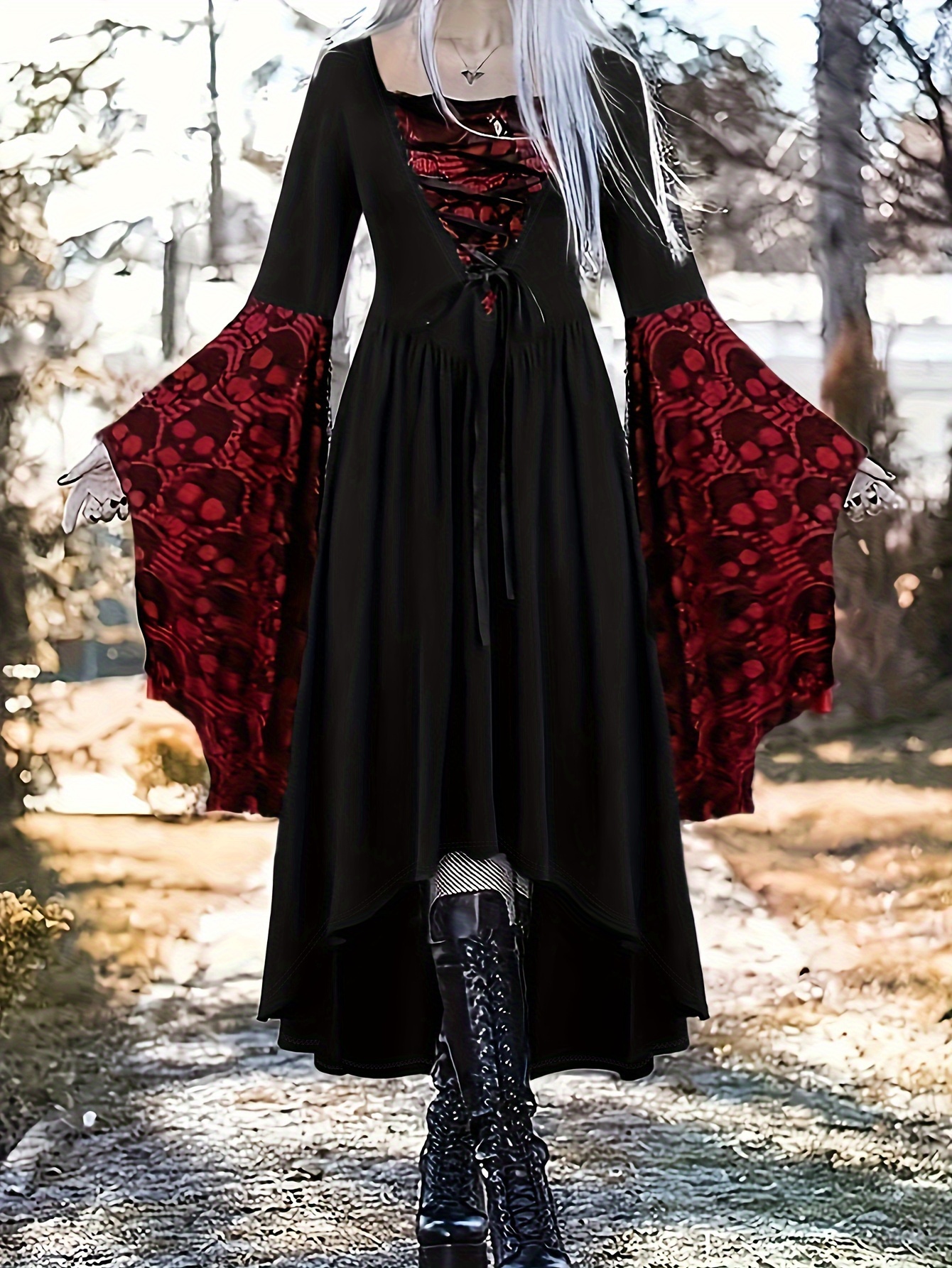 chinese dress ladies Skull Rose Bat Print Puff Sleeve Mini Dress, C / 2XL main image 1