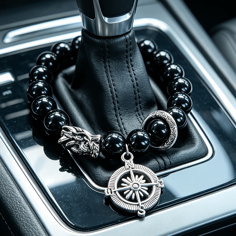 TEMU Black Beaded Car Gear Shift Ornament, Silver Compass Sunflower Pendant, Shifter Decor, Interior Additions, Gift For Car Owners