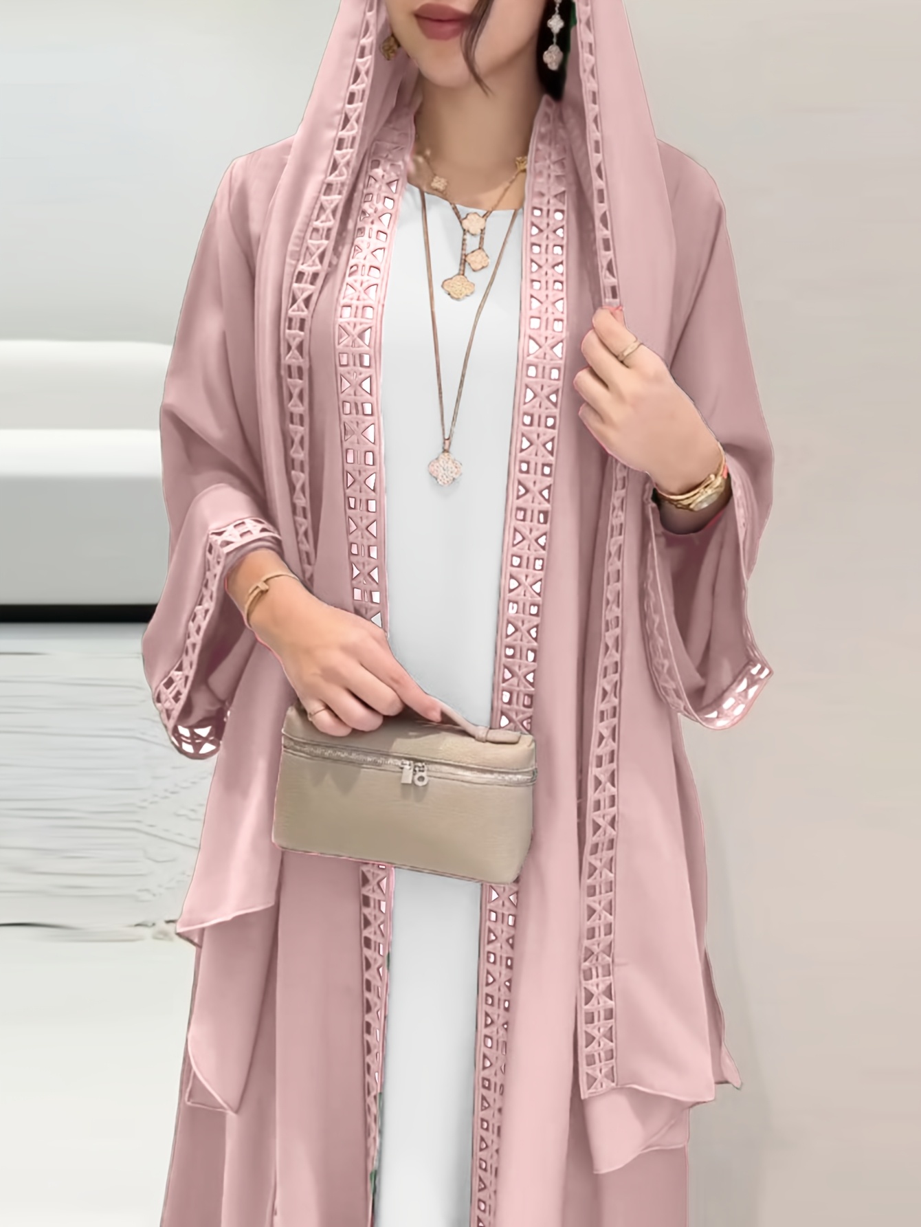 item picture   for regular fit open robe set with lace sleeveless slip dress and chiffon headscarf lightweight easy and breathable arab clothing