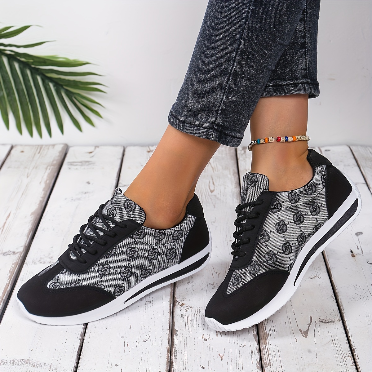 

Women's Rose Pattern Casual Sneakers, Lace Up Platform Soft Sole Walking Shoes, Round Toe Preppy Shoes