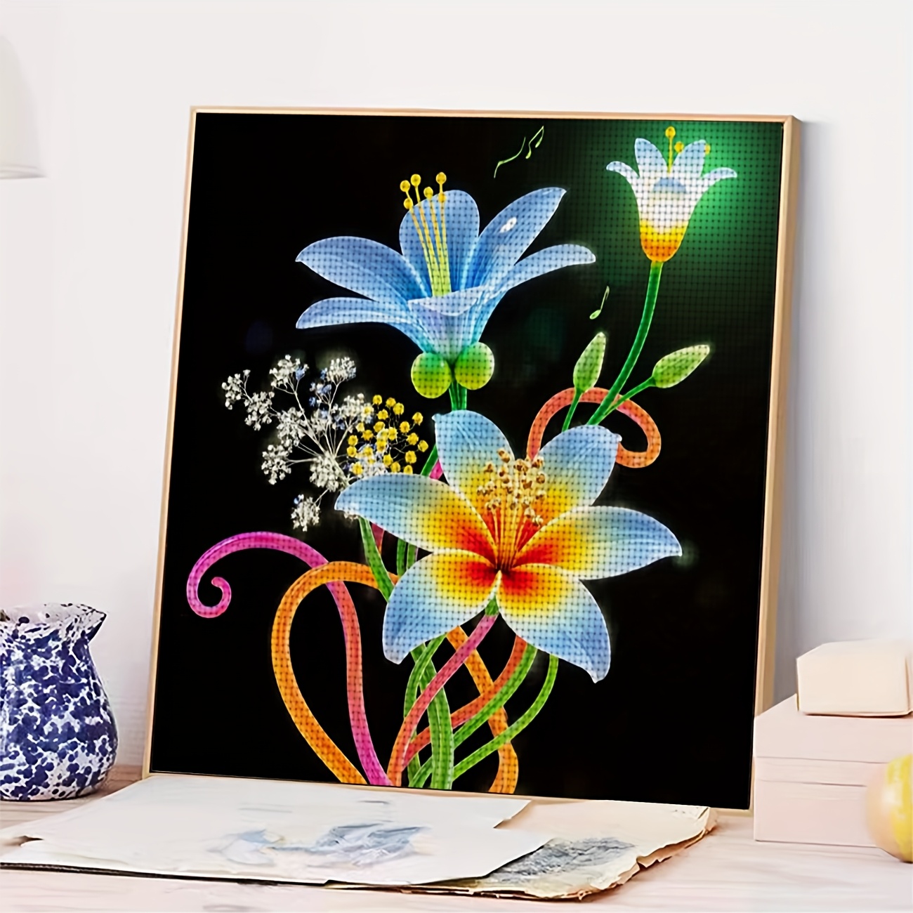 Printed DIY Cross Stitch Kit, Frameless, 'Colorful Art Bouquet' Pattern
