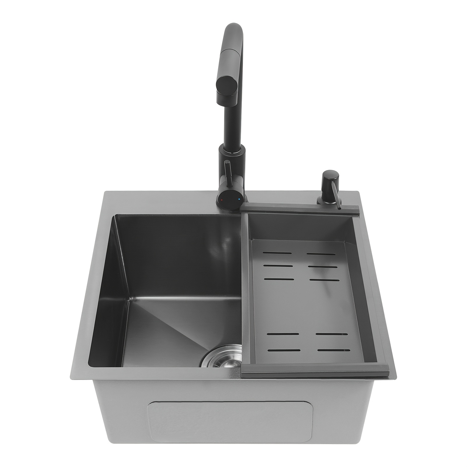45 * 45 Black Diamond Sink (double Hole) + 1 Drain Set + 38 Thick Black Drain Basin + Black Soap Dispenser + Character Pull-out Faucet