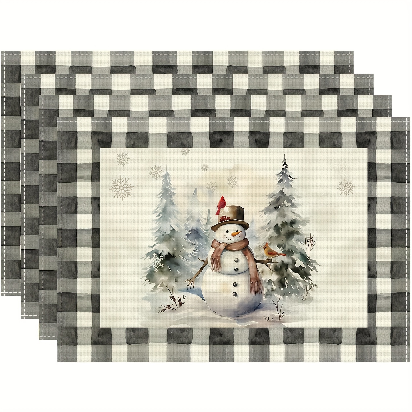 

Set Of 4 Snowman And Buffalo Check Placemats With Snowflakes - 100% Linen Woven Table Mats - Christmas Table Decor - Machine Washable - 12x18 Inches