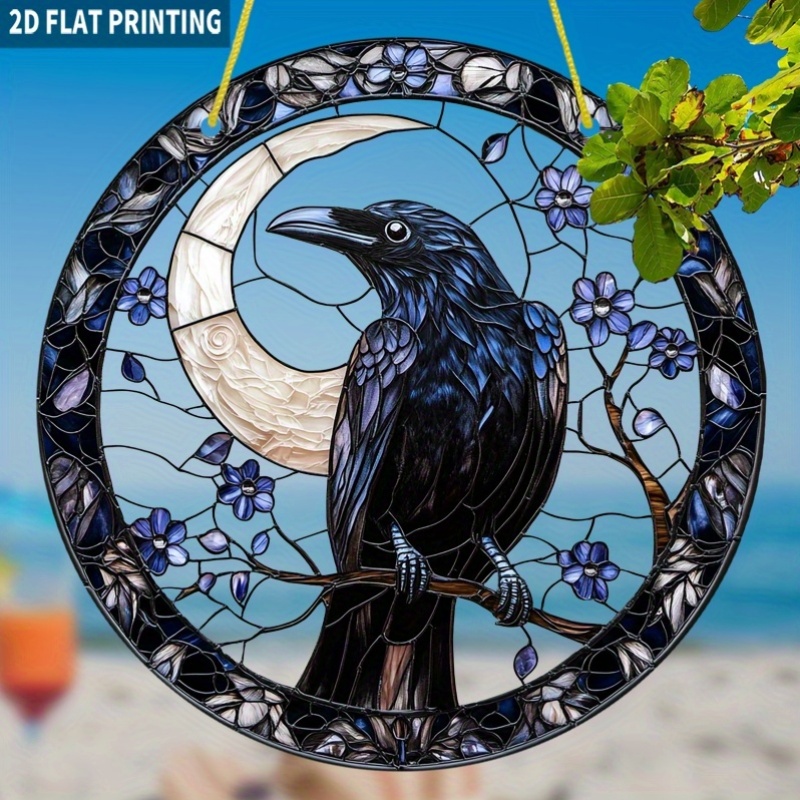 TEMU 2d Flat, 1pc Vintage Gothic & Moon Stained Glass-style Window Hanging Decor - 7.87" Round Blue & Purple Floral Crow On Branch Sun , Durable