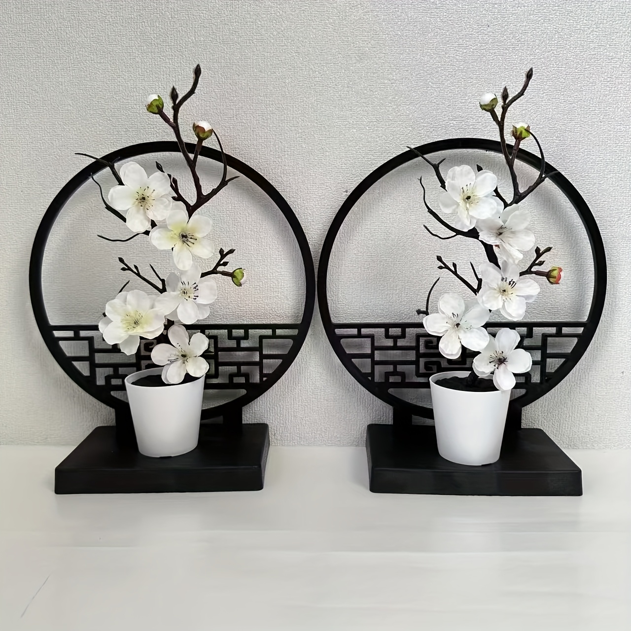 Image of 2 Sets Of Artificial Plum Potted Plants, Including 1pc Fake Plum , Mini Plastic Vase, Chinese Screen Base, Simulated Indoor Outdoor Plants, Suitable For Dining Table, Desk, Cafe, Home Decor