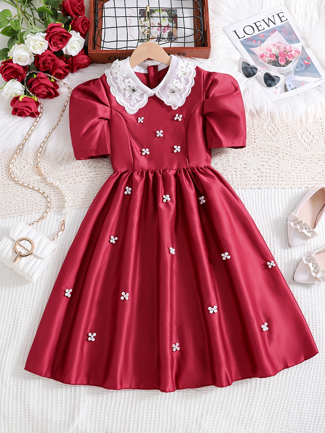 girls red dress formal gown lace collar puff sleeves - Temu Bahrain