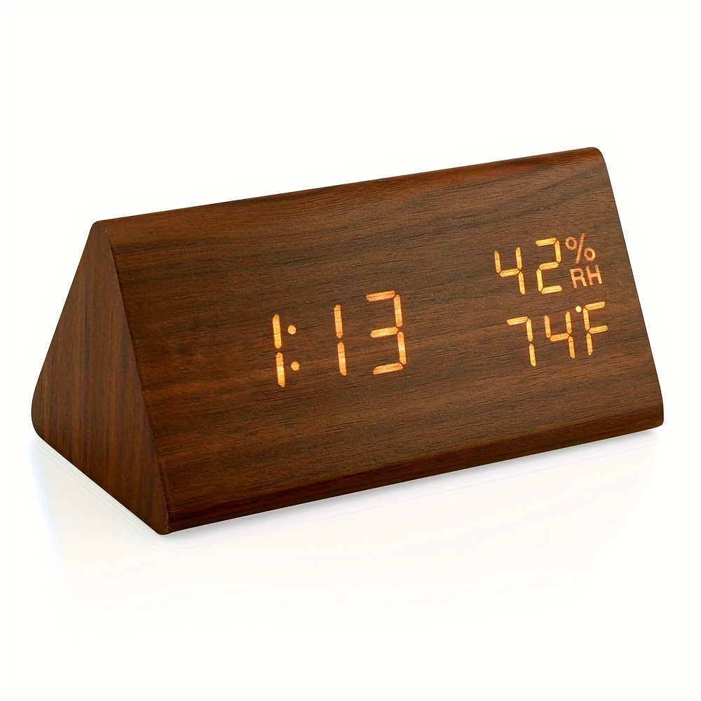 Wooden Triangular Bedroom Alarm Clock with Temperature and Humidity Display, Three Alarm Settings, and Adjustable Brightness, Suitable for Bedrooms, Study, Office, Bedside Table