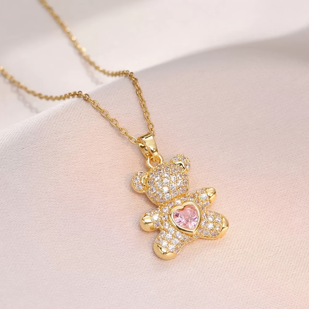 TEMU Collier en cuivre avec pendentif ours délicat et adorable de cœur rose, de synthétique et doté d'une chaîne en acier inoxydable. Cet accessoire