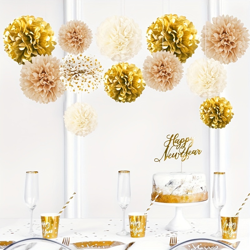 

12pcs Platinum Party Decor Set - White Golden Tissue Pom Poms For Birthdays, Graduations, Proposals, Engagements, New Year's & Christmas Celebrations