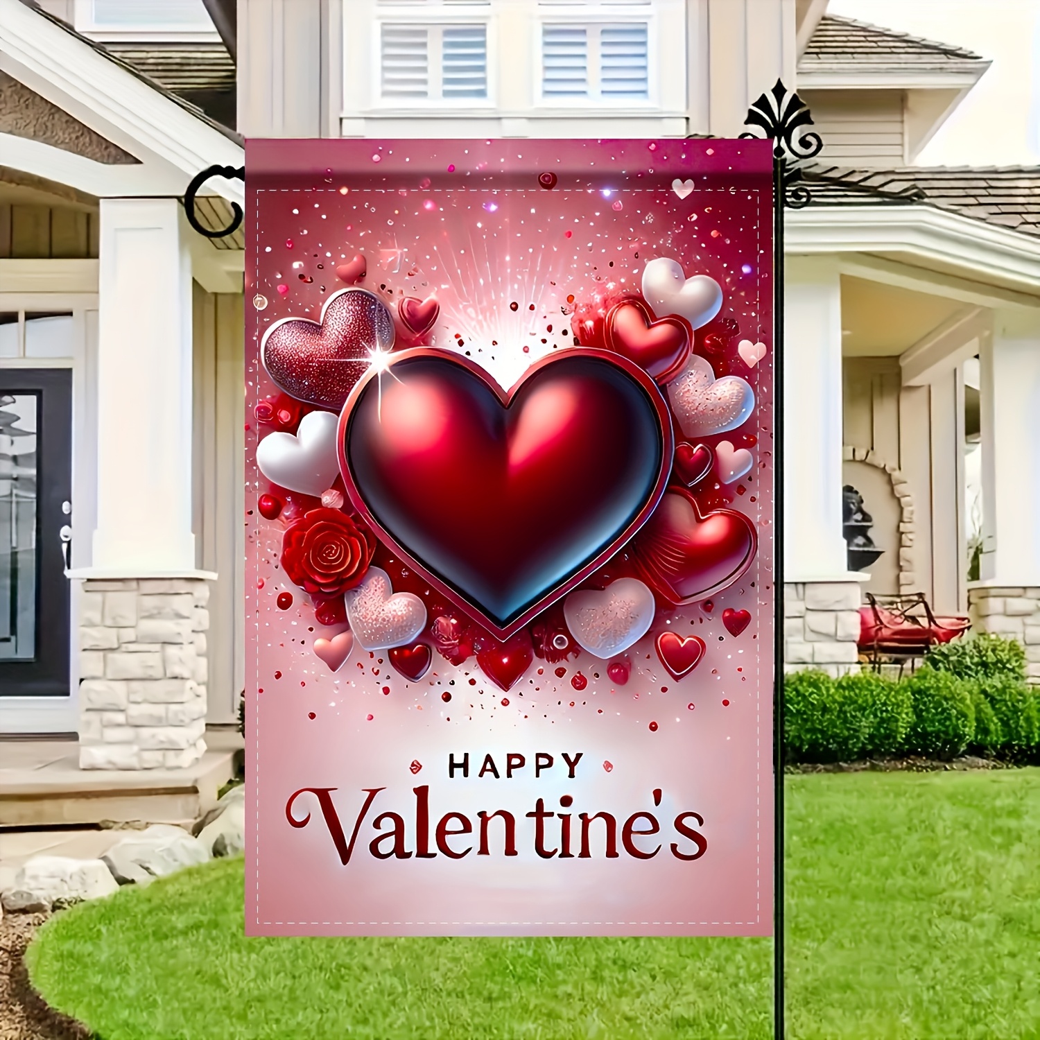 

1pc Garden Flag, * 17.72 Inches, Romantic Heart-shaped Design With Decorations, Valentine's Day, Outdoor Decoration, Garden Decoration, Decoration, Lawn Decoration, No Flagpole