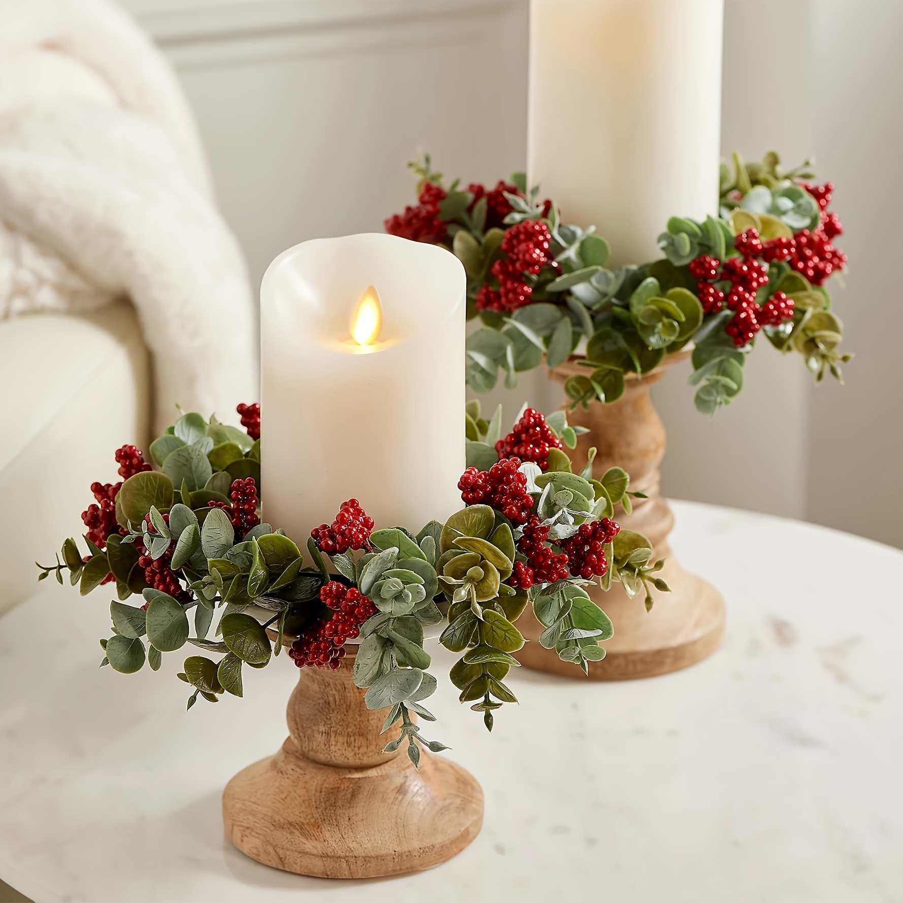 TEMU Christmas Berry And Eucalyptus Rings By - Set Of 2, Plastic Tabletop , Non-electric Decor, -free