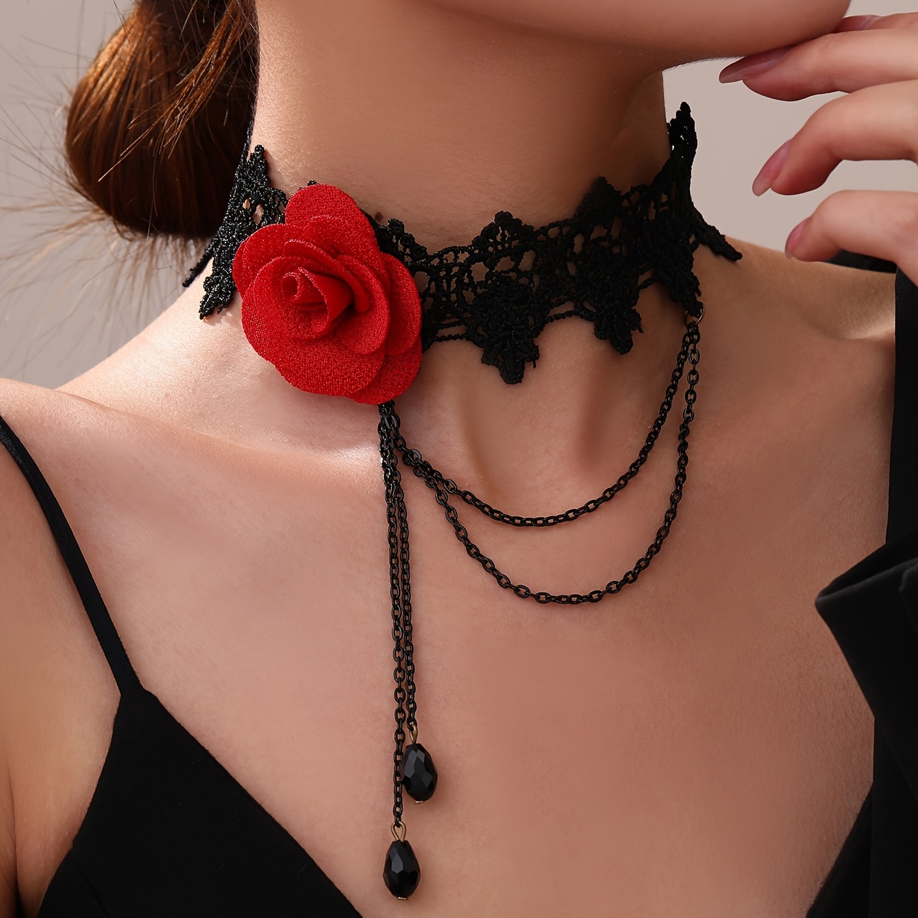 TEMU 1pc Gothic Vintage Necklace For Women - Elegant Black Lace Tassel Choker With Golden-tone Accents, Adjustable Clasp, Durable Plastic Jewelry For