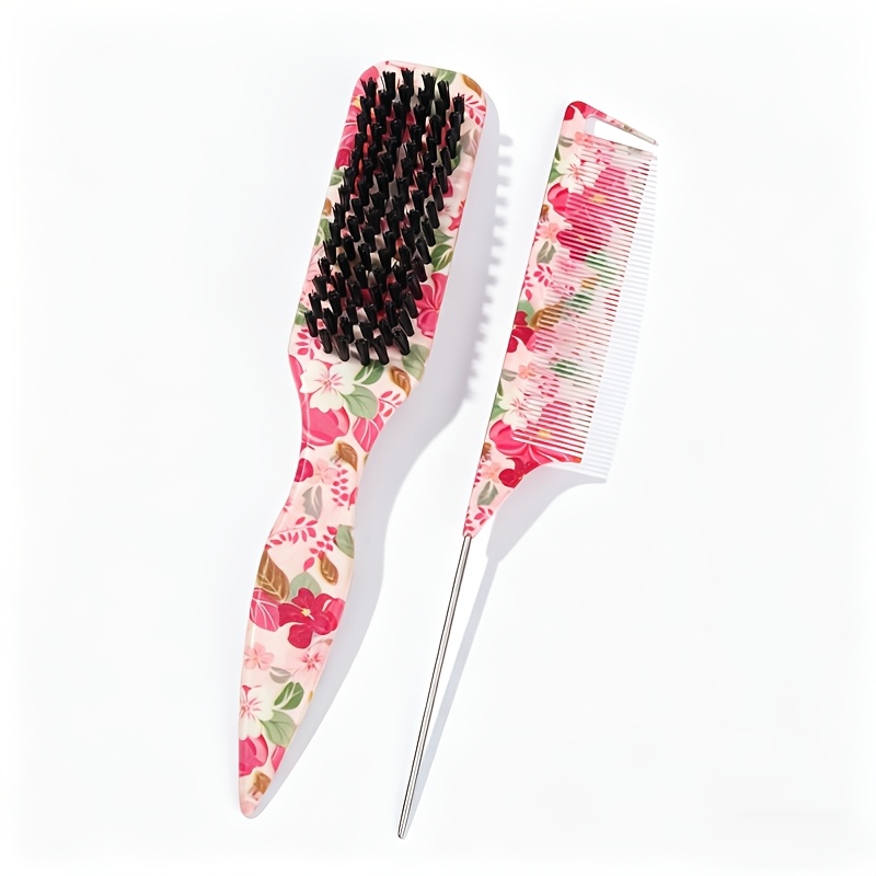 TEMU 2pcs Set Floral Pin Tail Brush & Comb Suitable For Hair Grooming, Soft Bristles With Abs/nylon Bristle Tips, Durable Detangling Combs For Smooth
