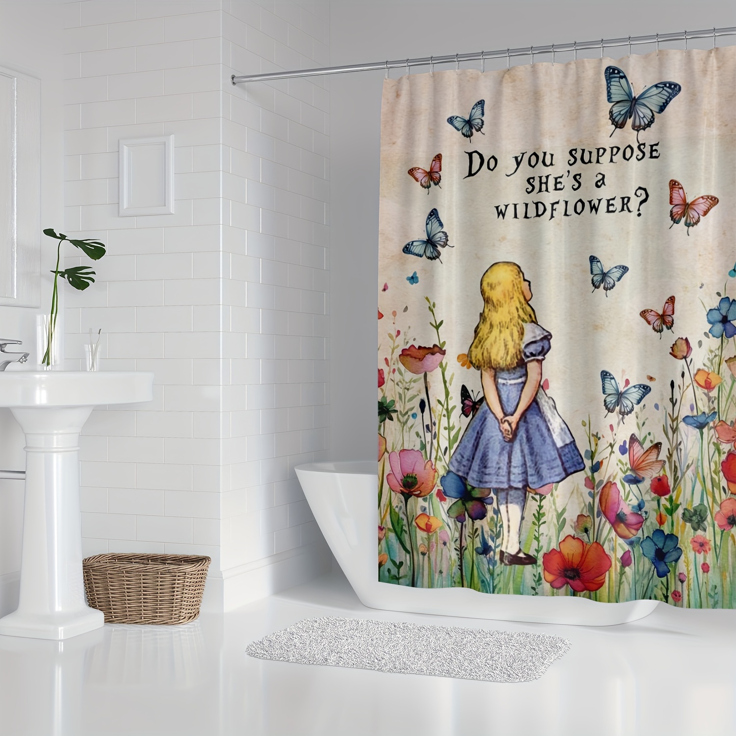 

1pc Character Butterfly Flower Pattern, Waterproof With Hooks, Bathroom Accessories, Home Decor