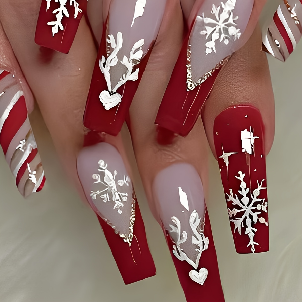 

Christmas Holiday 24pcs Mixed Color System Ballet Press On Nails, Long Glossy With Patterns And Sparkling Stripes, Full Coverage Fake Nails Set For Women, Festive Gift