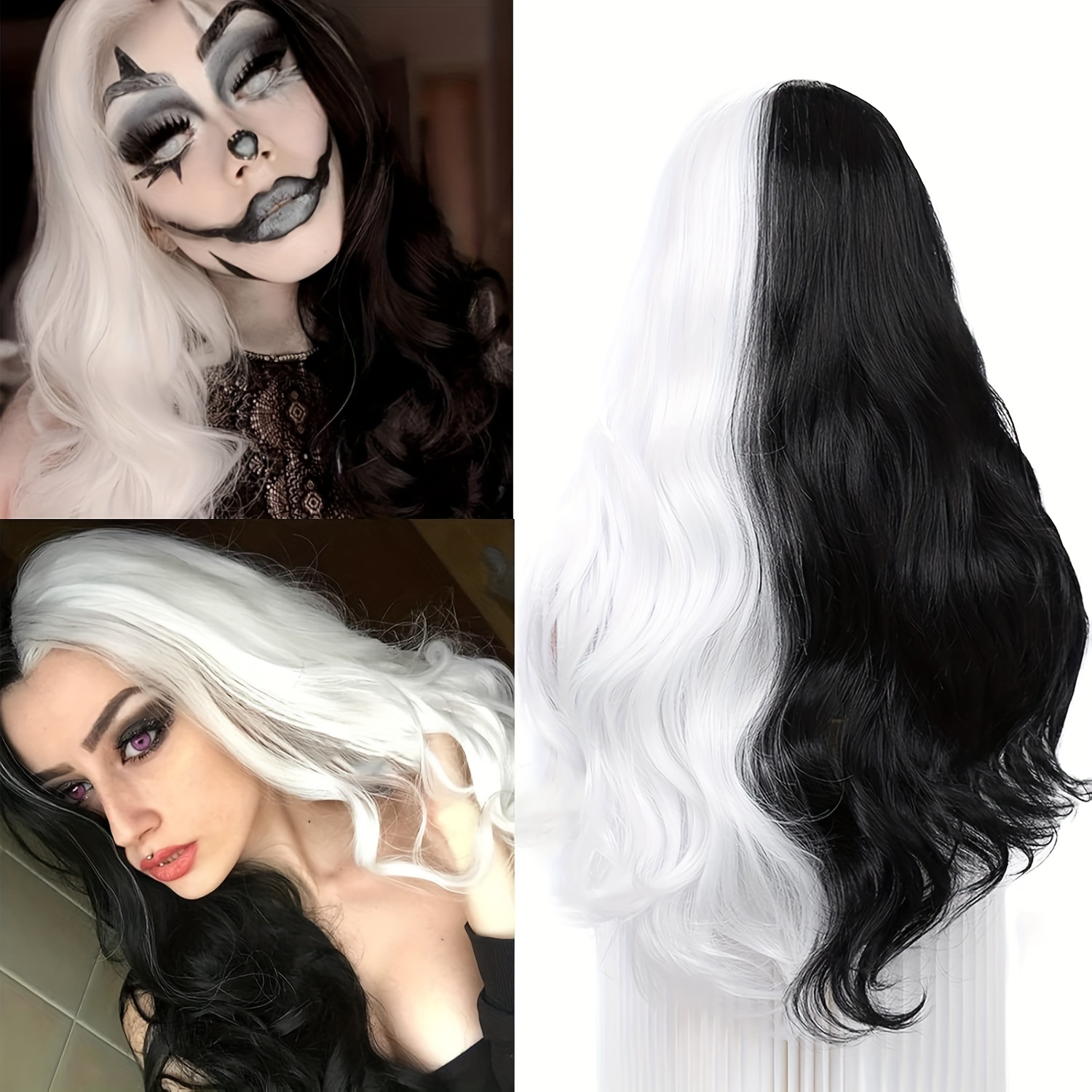 Image of 26-inch Half Black Half White Wig, Long Curly Wavy Synthetic Wig For Women, Middle Part Cosplay Halloween Party Wig