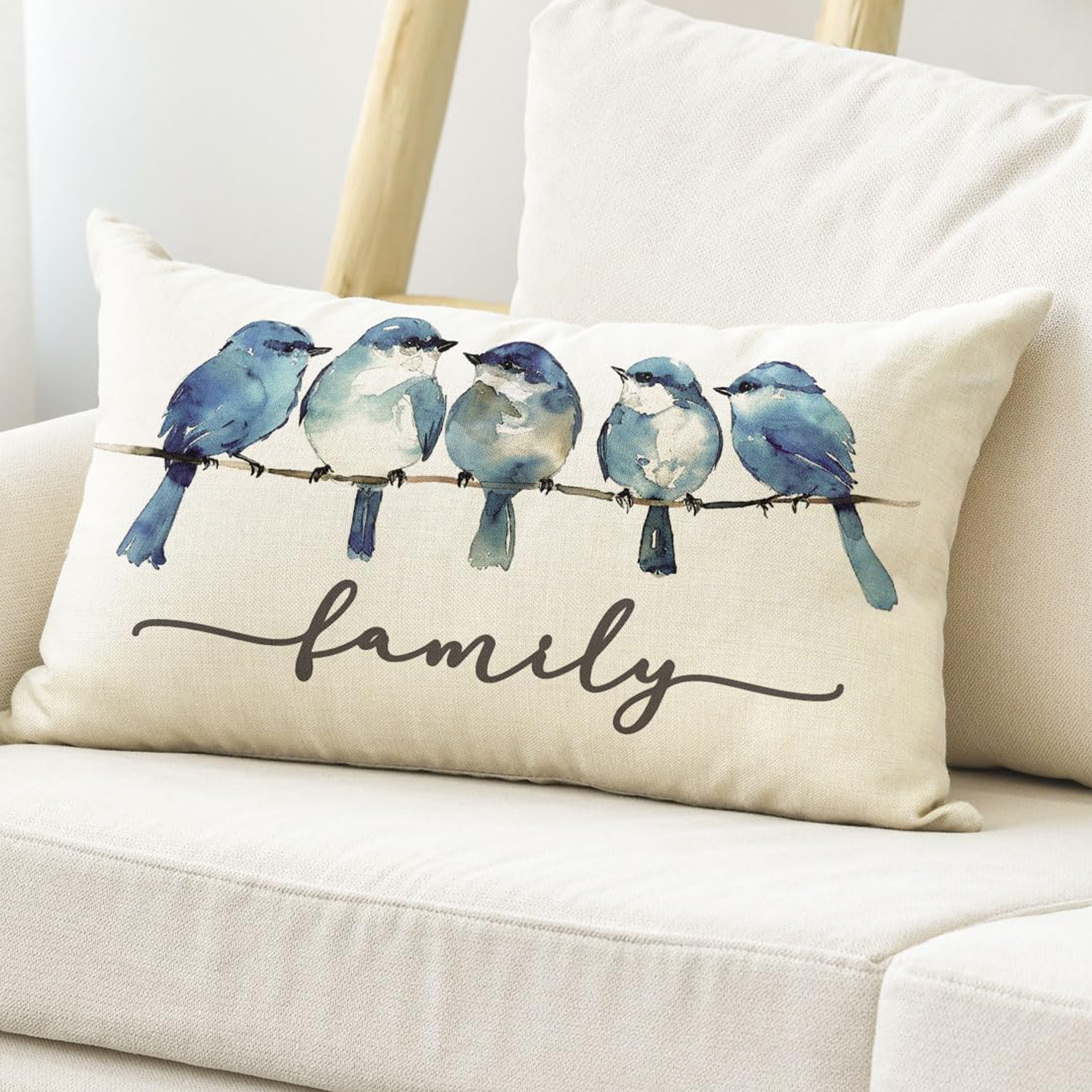 TEMU 1 pièce, Taie d'oreiller aquarelle Famille d'oiseaux , Housse de coussin de canapé bleue décorée (face unique, rembourrage)