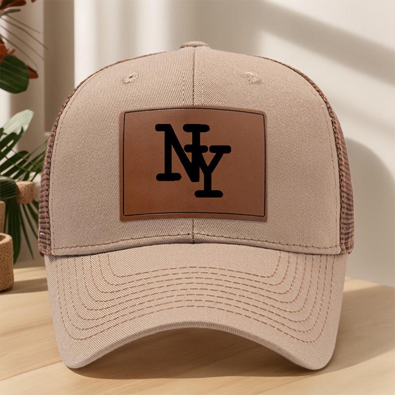 E-shop MAKEFGE NY Letter Print Kunstleder Trucker Cap - Leichte Hardtop-Kappe mit NY, Halb-Mesh atmungsaktiv & schweißabsorbierend, geeignet für