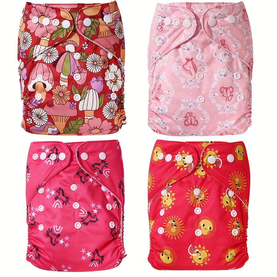 

4pcs Washable Cloth Diapers - Soft Polyester, Mixed Colors/pink/red - &