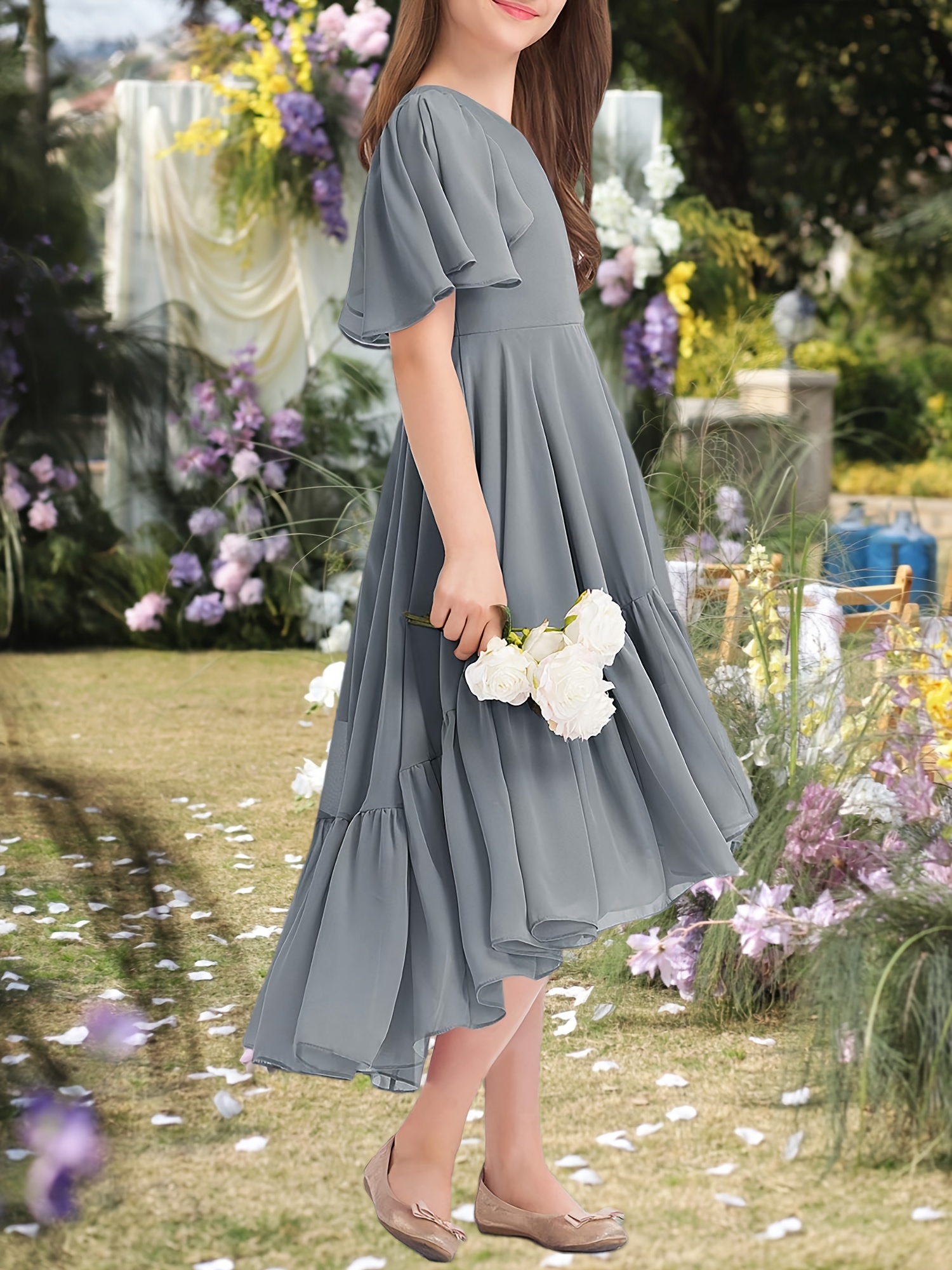 girls junior bridesmaid dress v neck ruffle short sleeve high low formal maxi dress a line flowy party outfit for girls 4 14y Product details 6