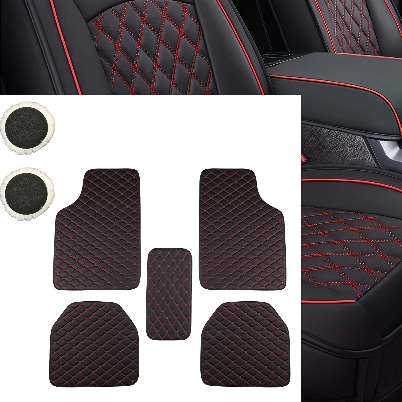 TEMU 7pcs Set 5pcs Luxury Faux Pu Faux Pu Leather Car Floor Mats And 2pcs Car Cleaning Pads, Suitable For Sedans, Trucks, And Suvs, Models With