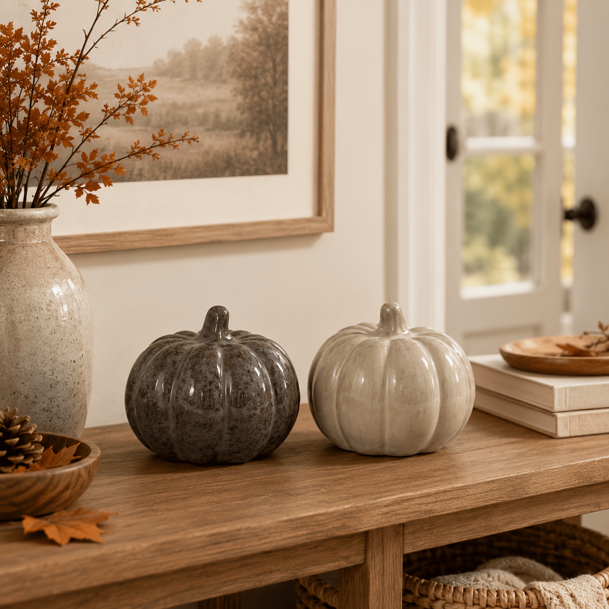 2pcs Glossy Ceramic Pumpkin Decorations for Halloween & Fall
