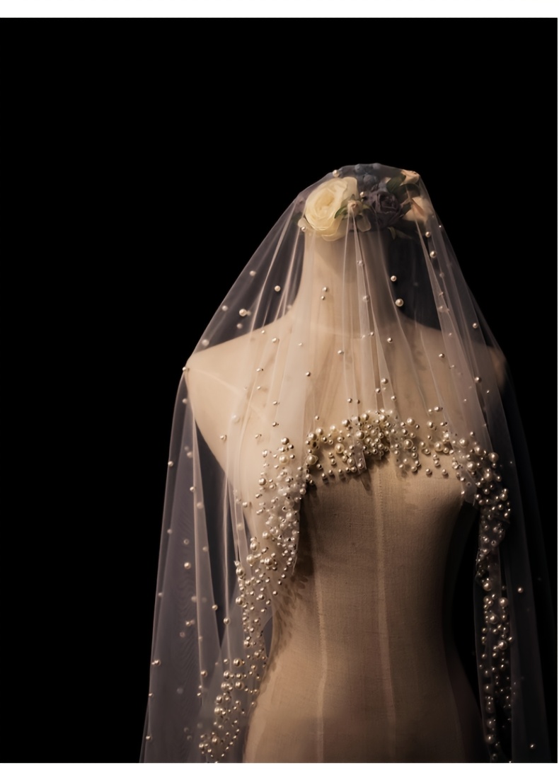 1 шт. стильное свадебное вуаль с бисерной отделкой и длинным шлейфом, аксессуар для свадьбы из полиэстеровой пряжи, ручная стирка только, детали для свадеб, помолвок и фотосессий, 5