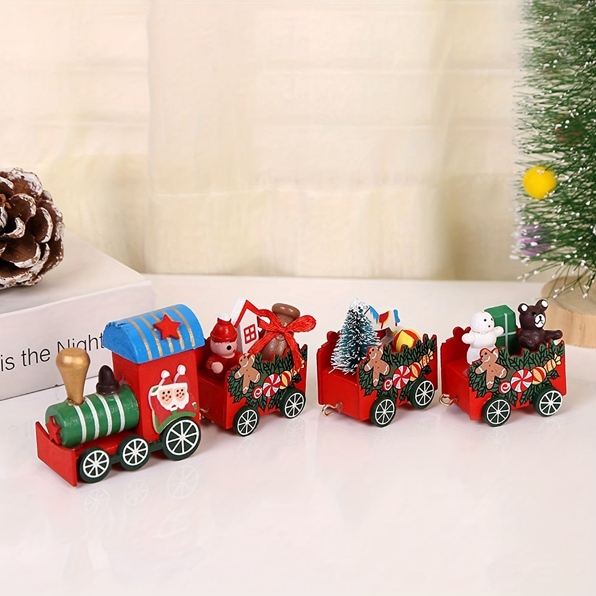 

1pc Christmas Miniature Train Set Collectible Figurines – Art Deco Style Wooden Holiday Decoration, Cartoon Theme, Ideal For Various Room Types, No Electricity Required