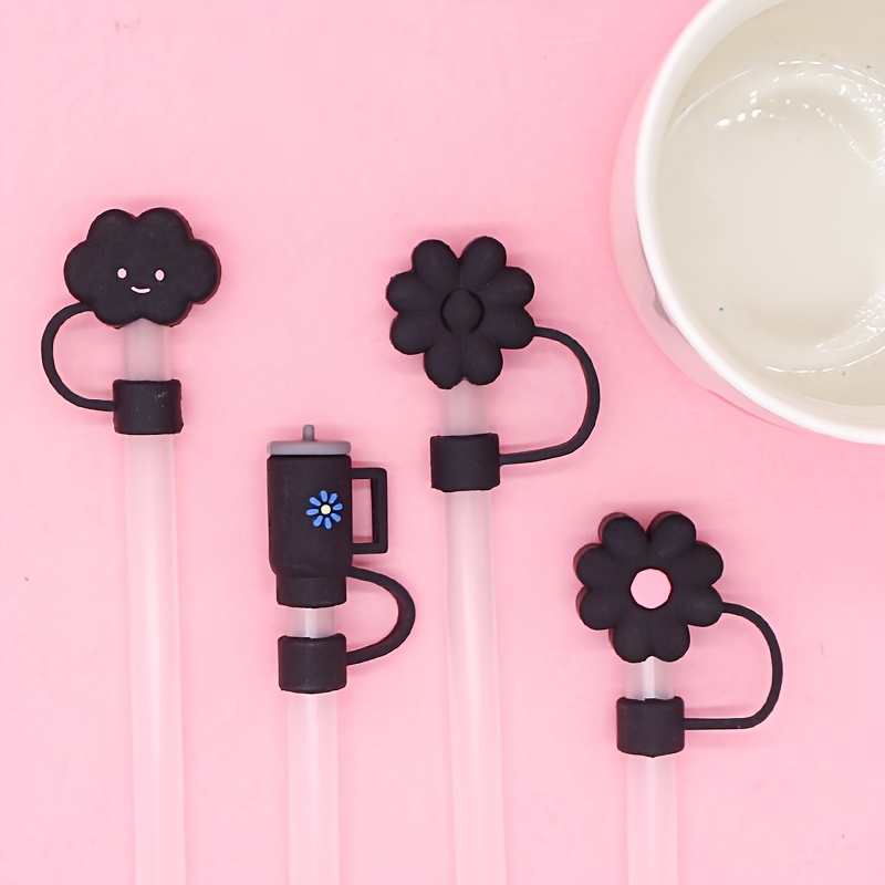 4pcs Black Flower Cloud Shaped Silicone Straw Caps, Reusable Straw Caps, Water Bottle Accessories