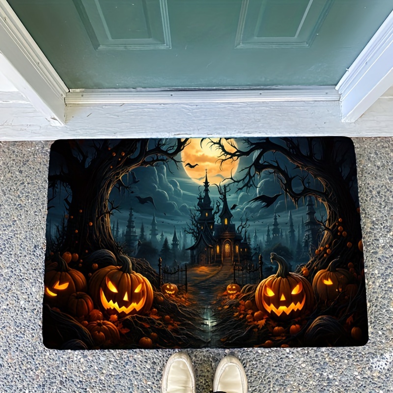 

Welcome Doormat With Castle, Jack-o'-lanterns, Bats - Machine Washable Polyester Door Rug For Kitchen, Bedroom, Hallway, Living Room, Bathroom - 0.47" Thick Sponge With Non-slip Backing