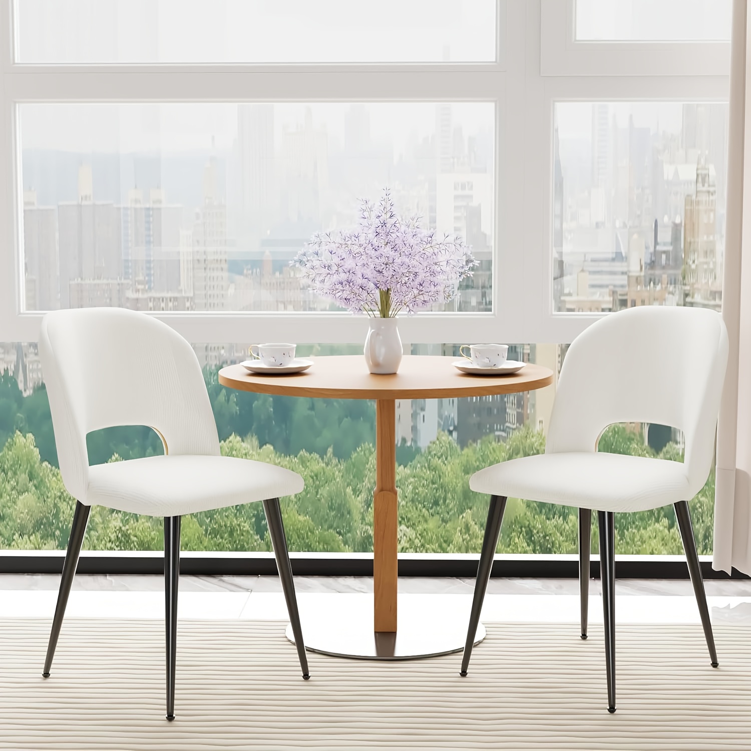 Image of Set Of 2 Striped Dining Chair Padded Chairs With Backrest Metal Legs For Dining Room, Living Room, White