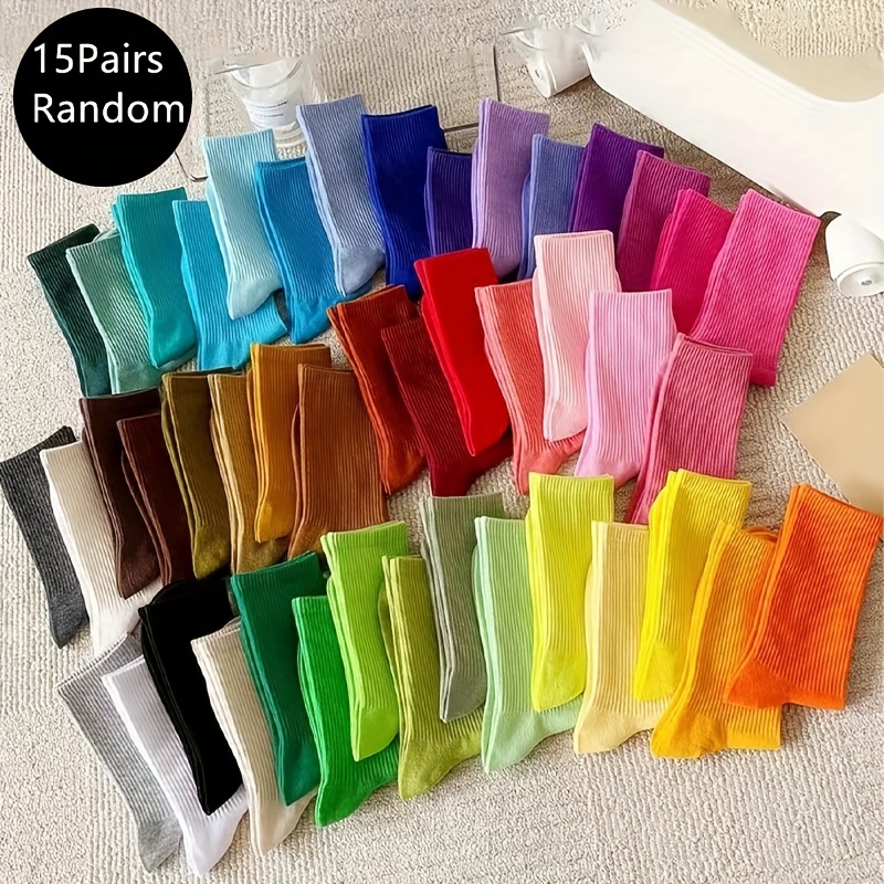 E-shop 15 Paar Damen-Crew-Socken in zufälligen Bonbonfarben, feuchtigkeitstransportierend, atmungsaktiv, ganzjährig vielseitig, wadenhohe Socken