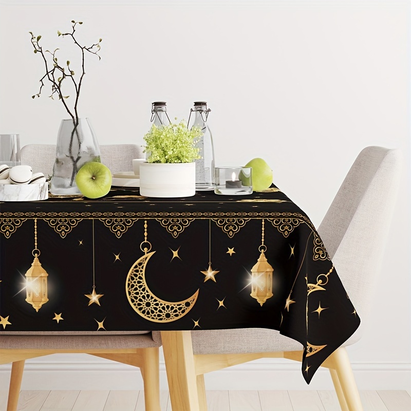 

1pc Polyester Tablecloth, Ramadan Black Table Cover, Party Decor, Eid Al Gifts, With Machine Home Decoration, Fits 4-6 Seats