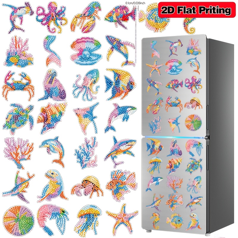 TEMU 30pcs Set, 2d Flat Printing Magnetic Ornaments With Coral Pattern, Diy Diamond Painting Refrigerator Magnets With Dolphin Pattern, Themed
