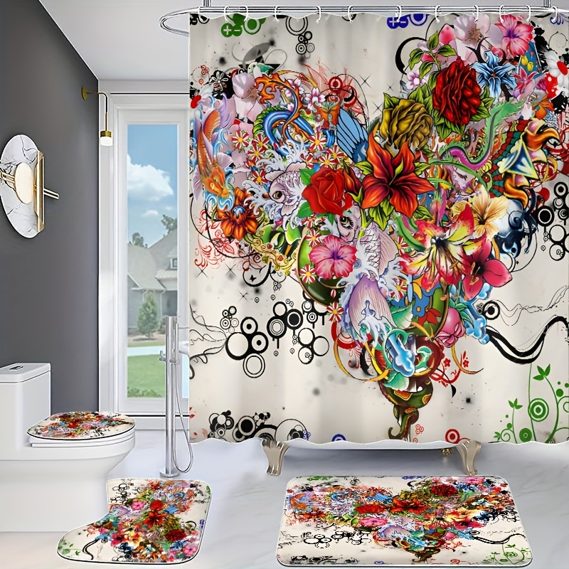 

4pcs Flower Type Love Aesthetic Art Party Decoration Shower Curtain Set, Waterproof Shower Curtain With 12 Hooks, Non-slip Bathroom Rug, Toilet U-shape Mat, Toilet Lid Cover Pad, Bathroom Decor