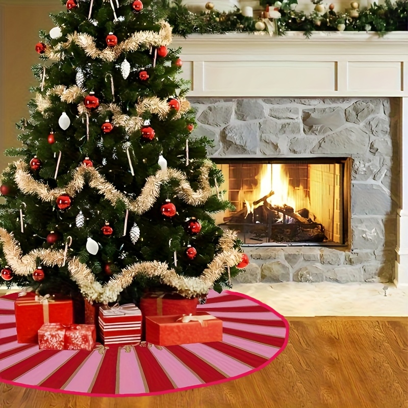 TEMU Christmas Tree Skirt Featuring Red And Pink Stripes With A Mandala Design, Made Of Polyester, Decoration