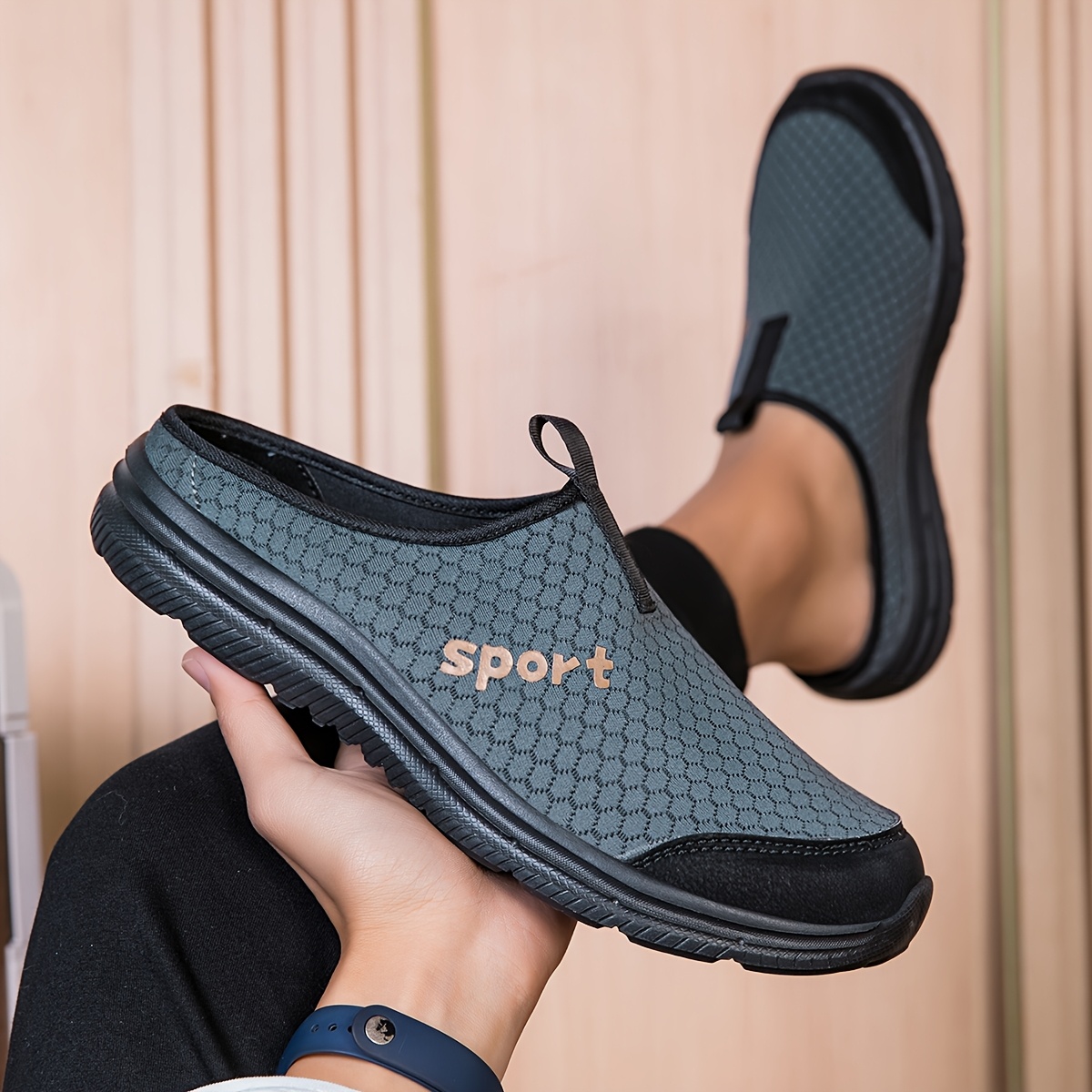 mens slip on mules sneakers lightweight black fabric half slippers with sport print comfortable eva sole for indoor outdoor casual wear