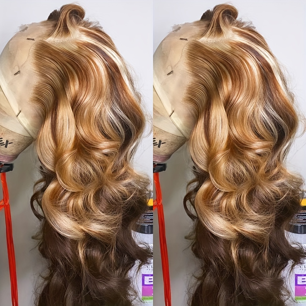 TEMU Blonde Lace Front Wigs Designed For Women, Featuring Highlighted Blonde Body Waves And. This 13*4 Inch Synthetic Wig From Heat-resistant Fibers