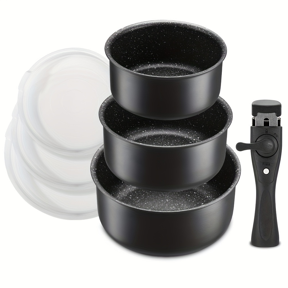 TEMU Non Stick Saucepan Set With Removable Handle And Sealing Lids, Non Stick Pot Set For Induction , 4pcs Saucepan For All , Stackable Design And