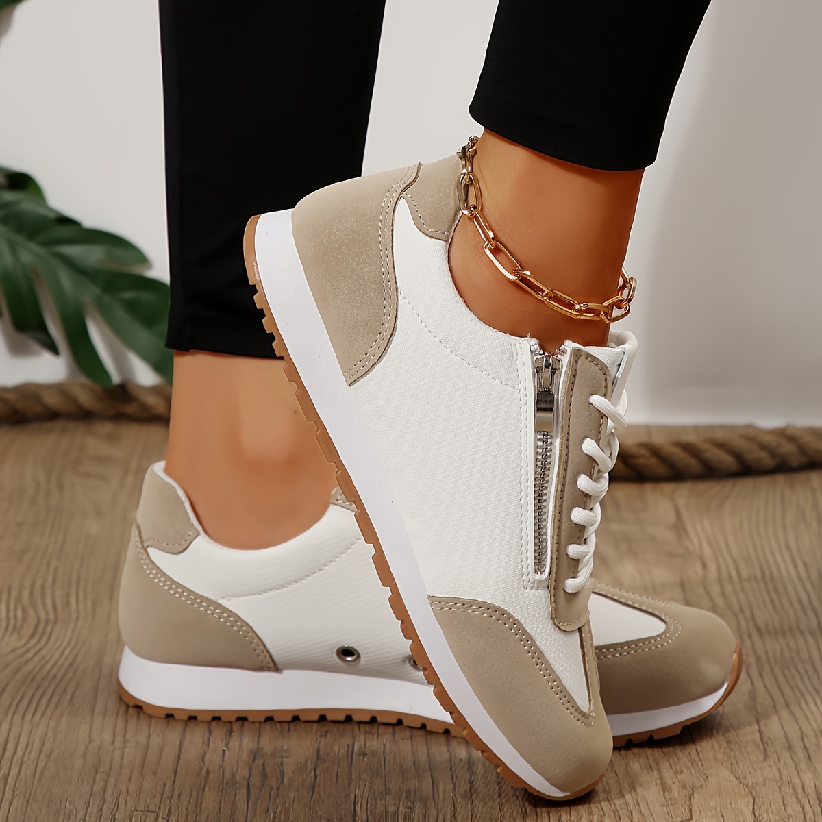 Image of Fashionable Women's Lace-up Comfortable Lightweight Soft Breathable Versatile Casual Sneakers, White Flat-bottom Shoes With Side Zipper, Women Shoes