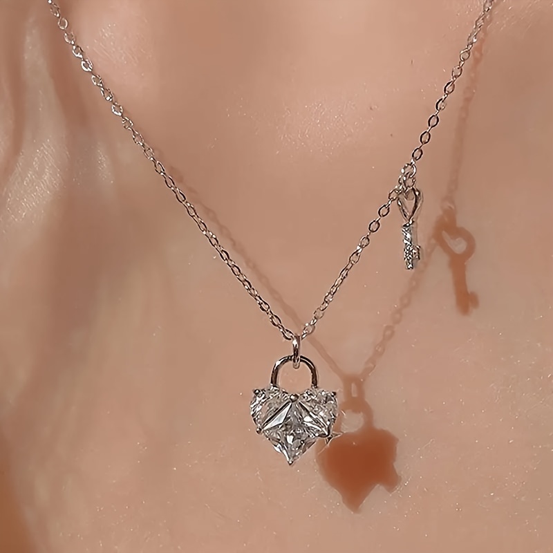 925 silver heart shaped lock key pendant chain inlaid - Temu