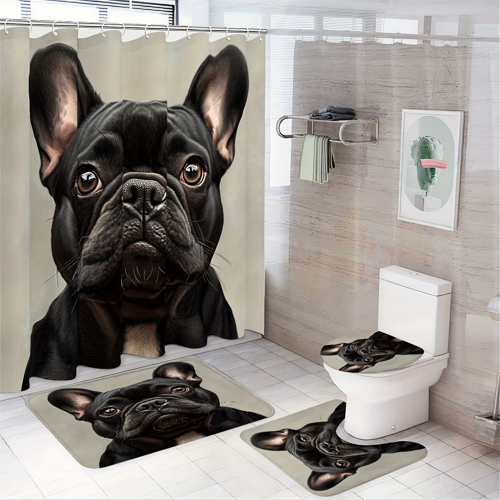 

1/3/4pcs Background Cute Black Bulldog Shower Curtain Set Bathroom Sets With Shower Curtain And Rugs Bathroom Curtain Set Shower Curtain And Rug Set Shower Curtains Christmas