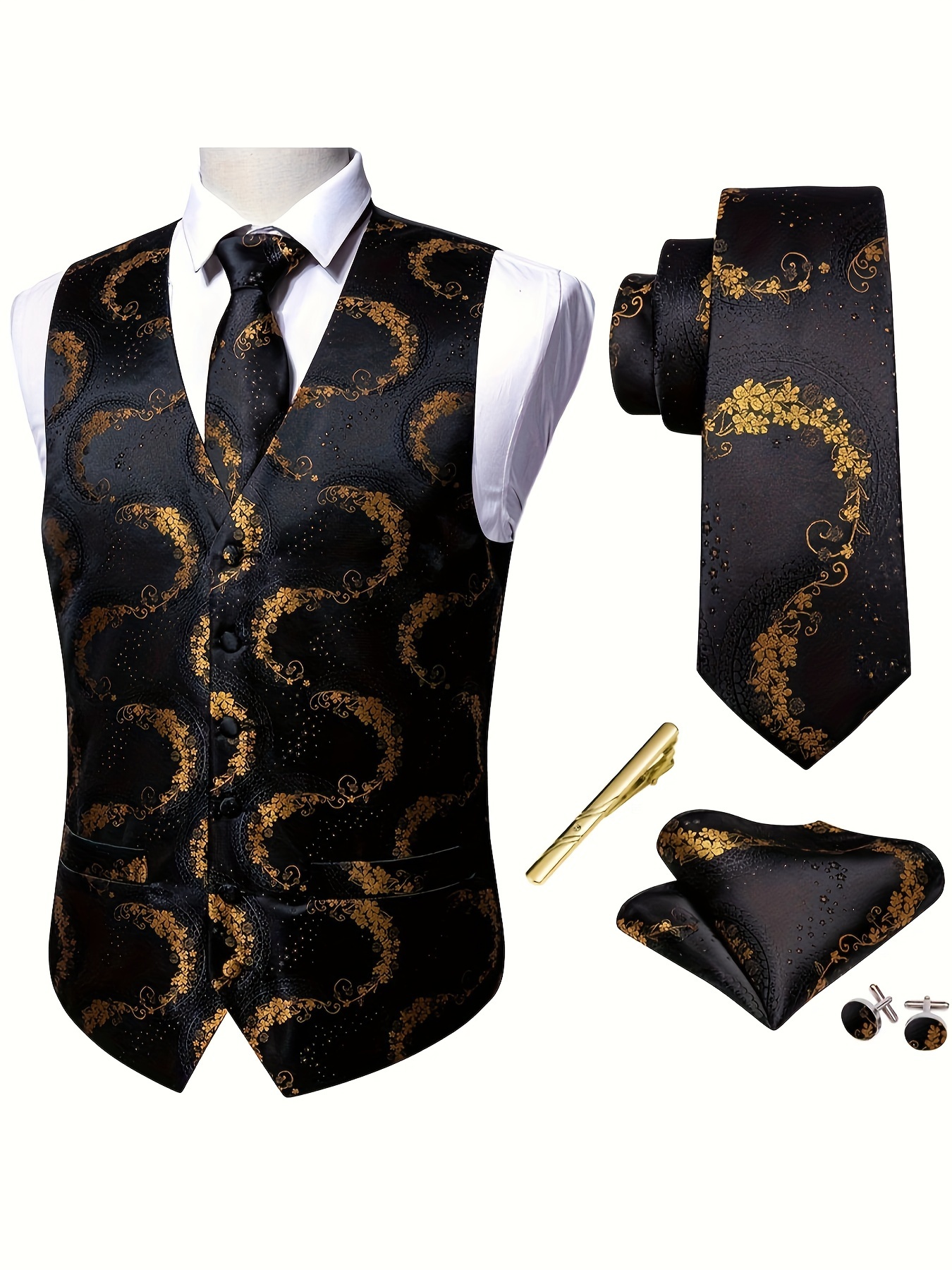 5pcs Royal Golden Mens Floral Jacquard V-neck Suit Vest Waistcoat Tie Set Formal/Wedding Dress Vest, PLUS SIZE