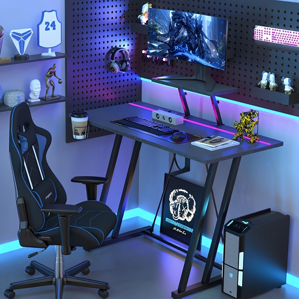 Black Gaming Table And Gaming Table, Ergonomics, Gaming Table, Combined Gaming Table, Support Plate With Adjustable Height, 100x55x75cm Carbon Fiber Table, With Cup Holder, Headphone Rack.