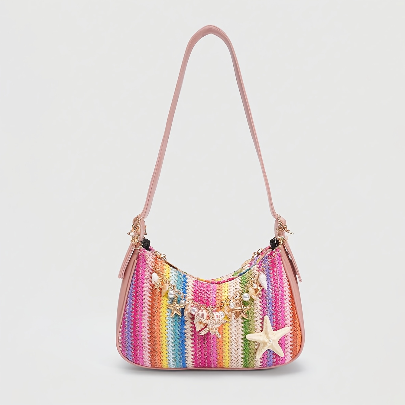 Image of 1pc Fashion Spring Summer Dopamine Colorful Woven Straw Shoulder Bag, Starfish And Shell Chain Decor Shoulder Bag, Pink Adjustable Strap Underarm Bag For Women Vacation Outfits