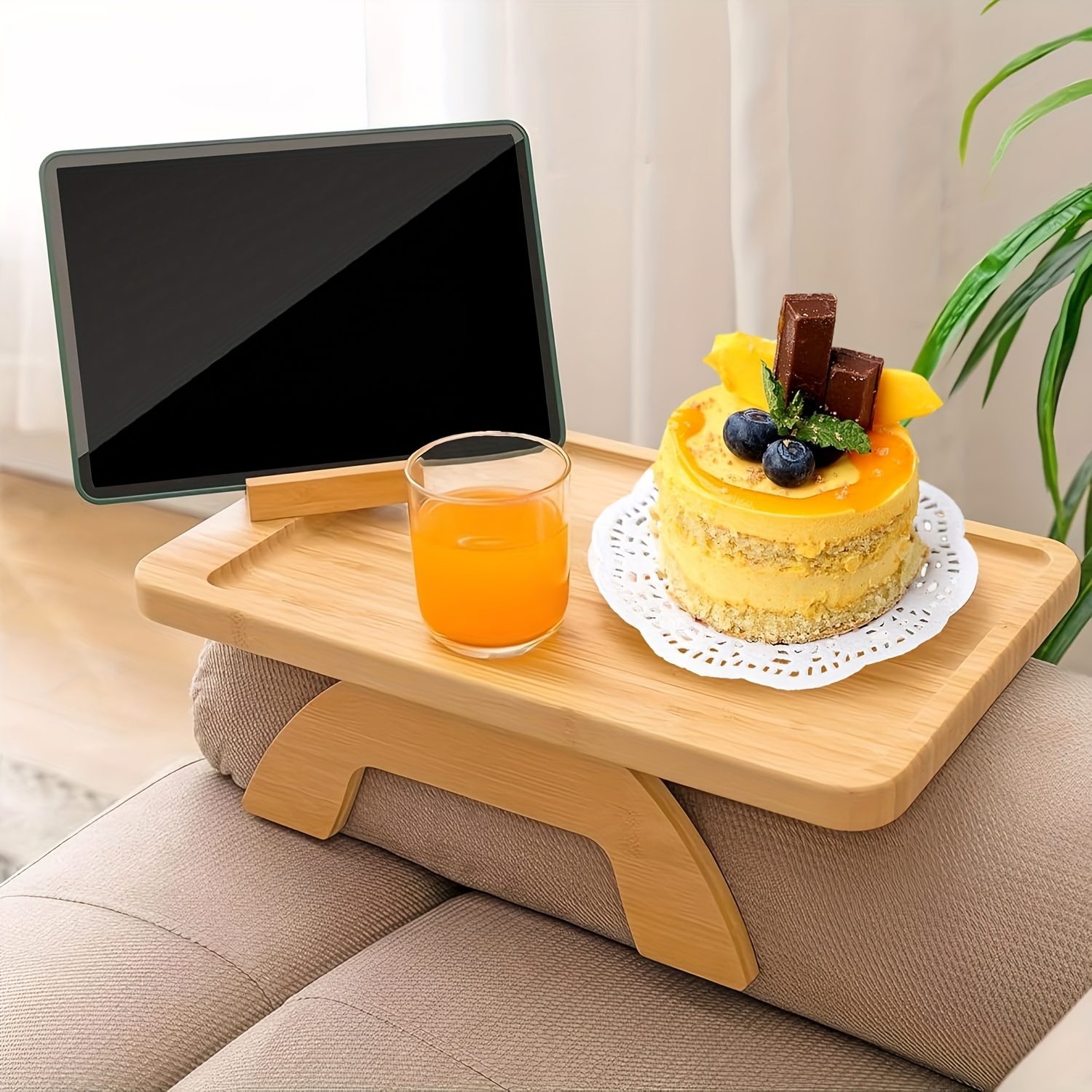 TEMU Space-saving Bamboo Sofa Armrest Tray With 360° Rotating Phone Holder - Foldable, Durable Wood Table For Drinks & Snacks, Fits Most Armrests, No