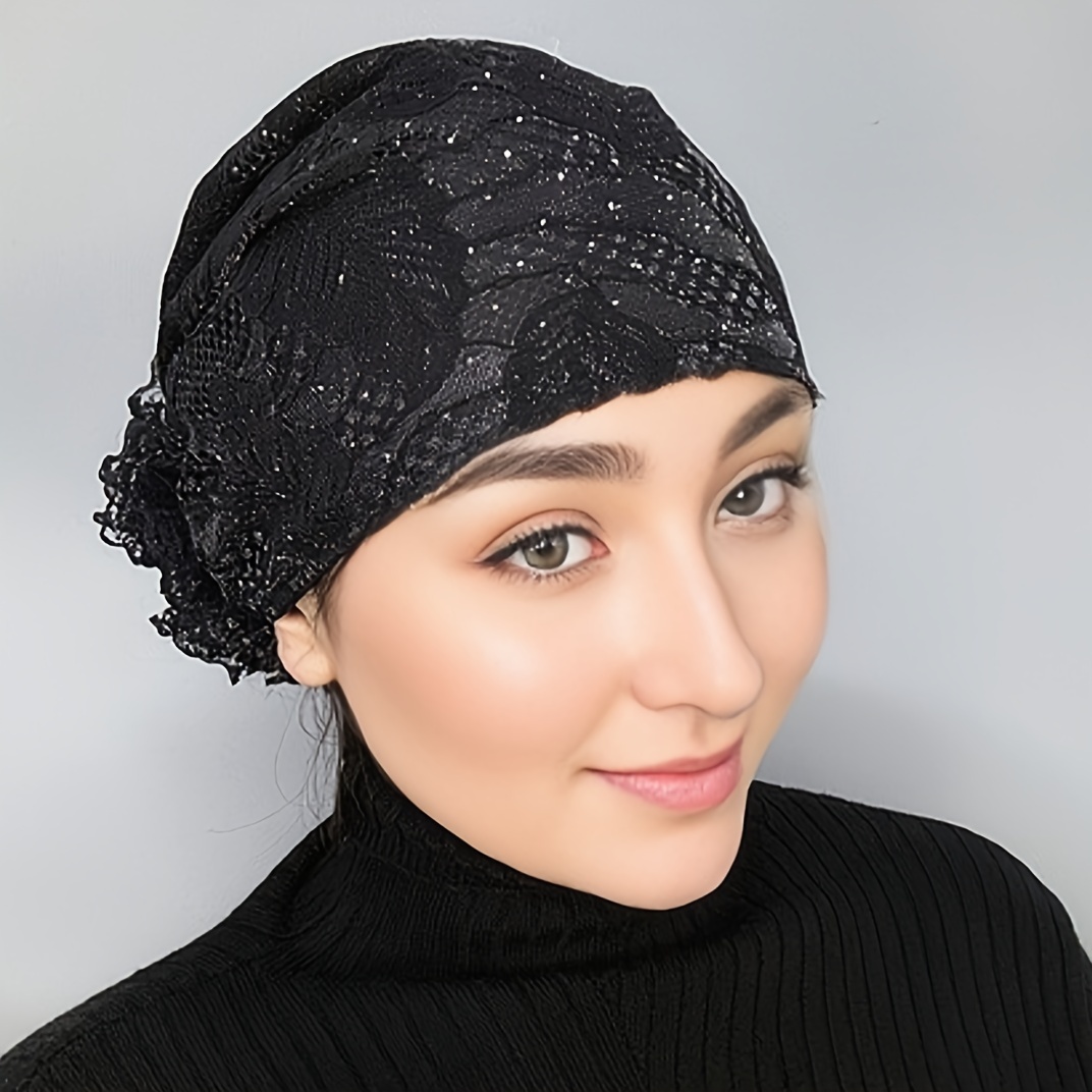 

Women's Sparkling Embroidered Mesh Turban Hat Floral Breathable Hair Cover Cap | Elegant Elastic Bohemian Style Muslim Hat