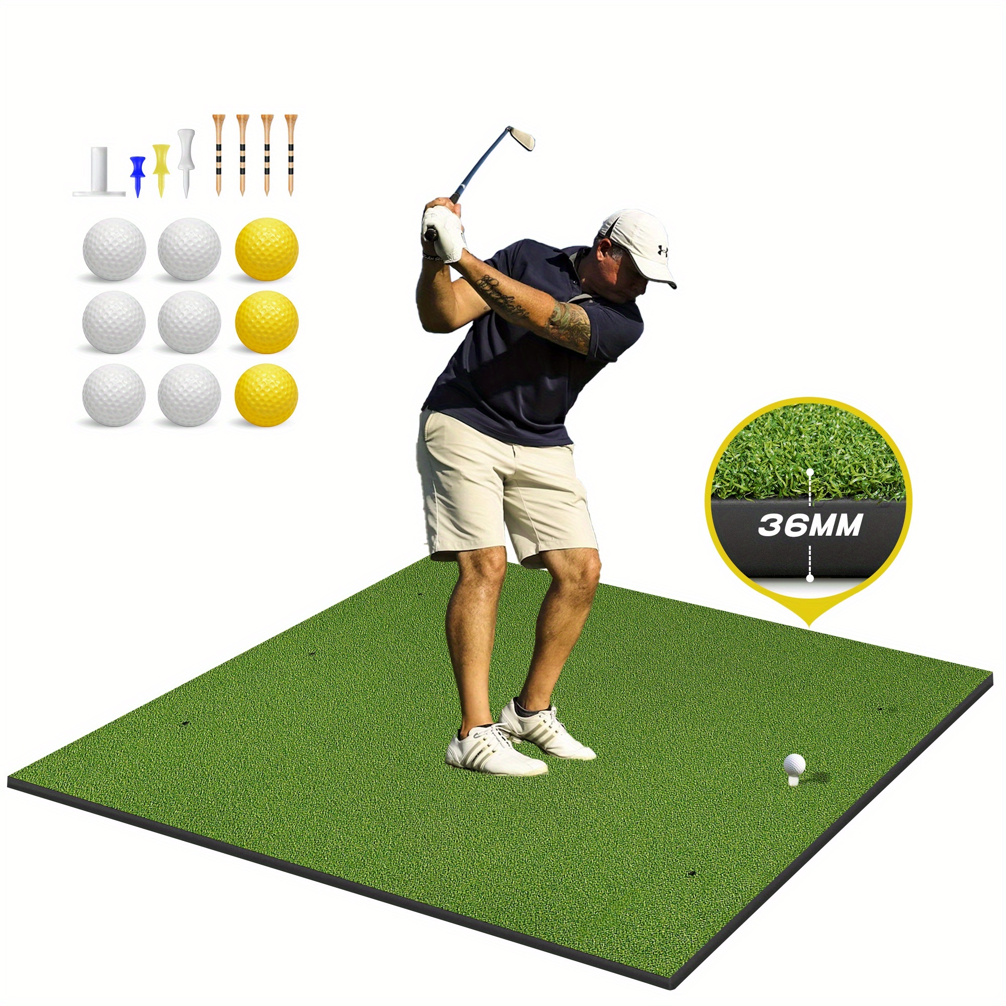 golf mat thickened golf hitting mat 5x4ft ultra 36mm golf mats practice outdoor indoor golf turf training aid equipment golf   for home backyard garage swing driving chipping with 9 golf balls