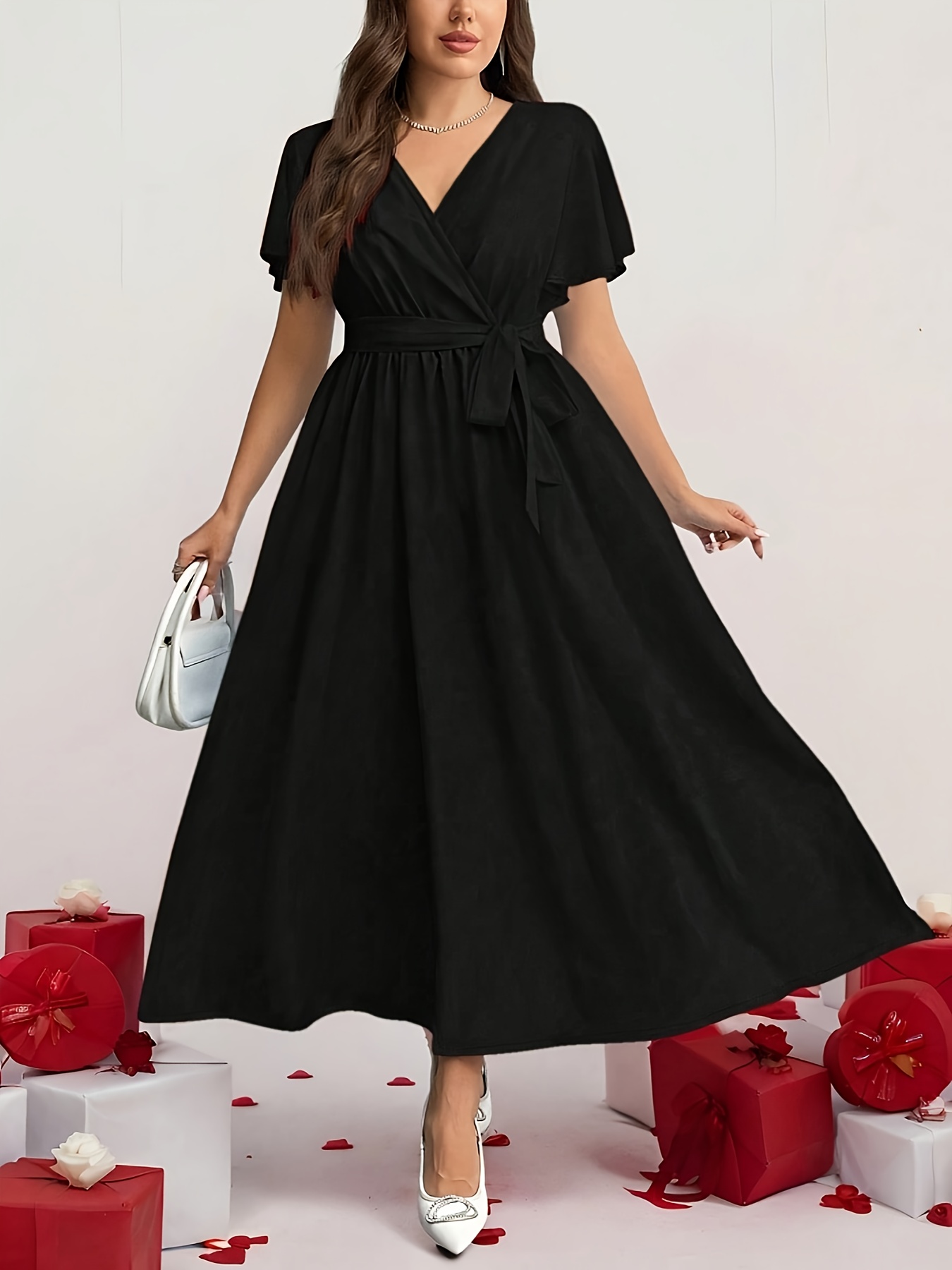 Plus Size Plus Size V-Neck Short Sleeve Dress with Tie Waist Elegant  Black Flared Hem, Round Neck, Non-Stretch Fabric Summer Casual O
