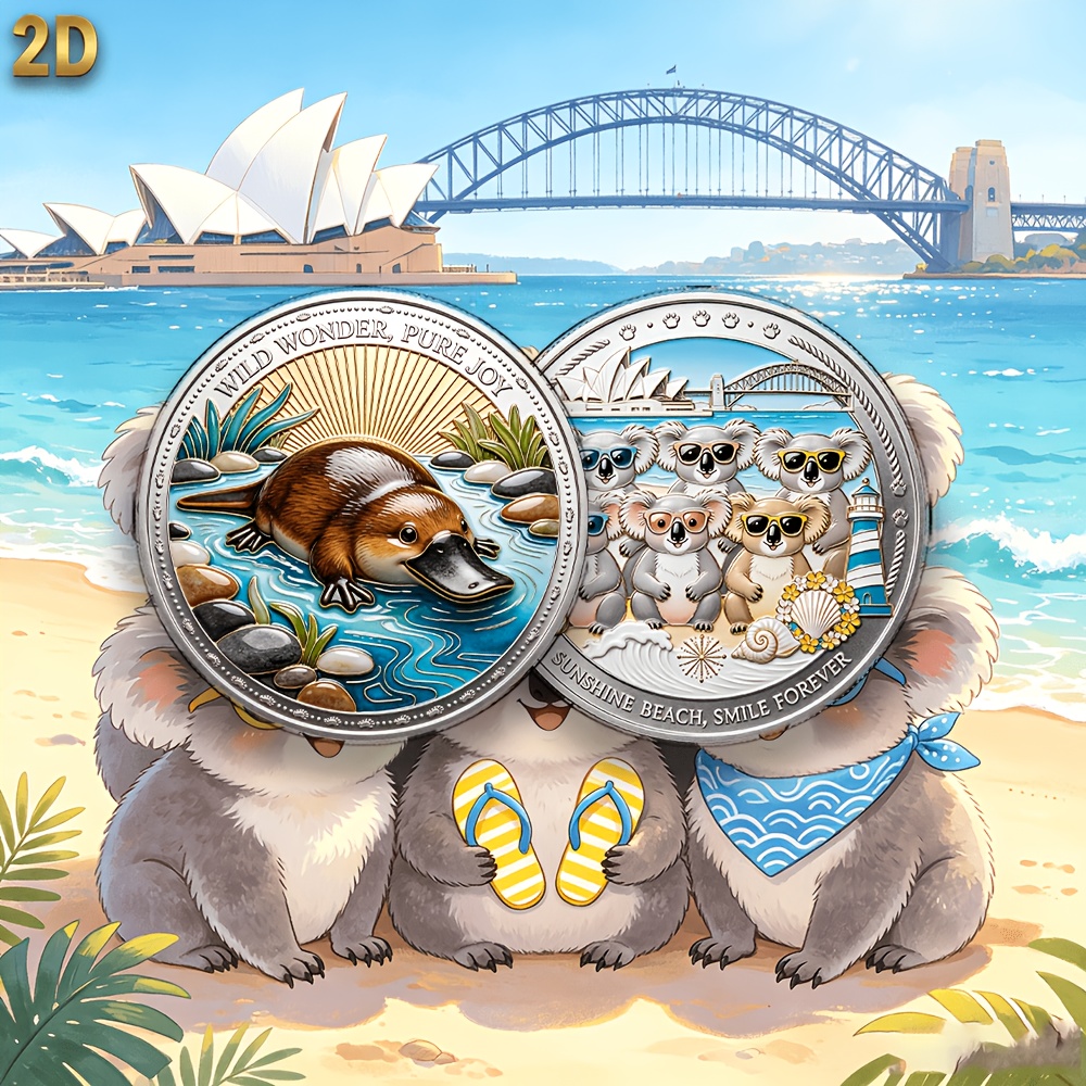 TEMU Replica Coin 1pc Australian Coin Collectible Suitable For - Platypus & Koala With Sydney Opera House & Harbour Bridge, Transparent Gift Box,